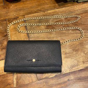 J. Crew Leather Crossbody Clutch Wallet - Black with Gold Chain